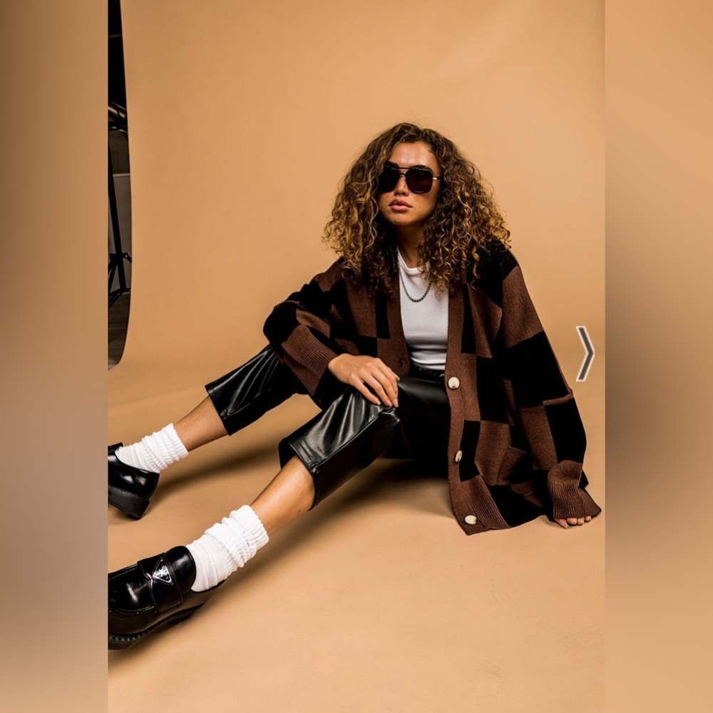 dressed in lala original checkerboard mocha/brown & black button up cardigan